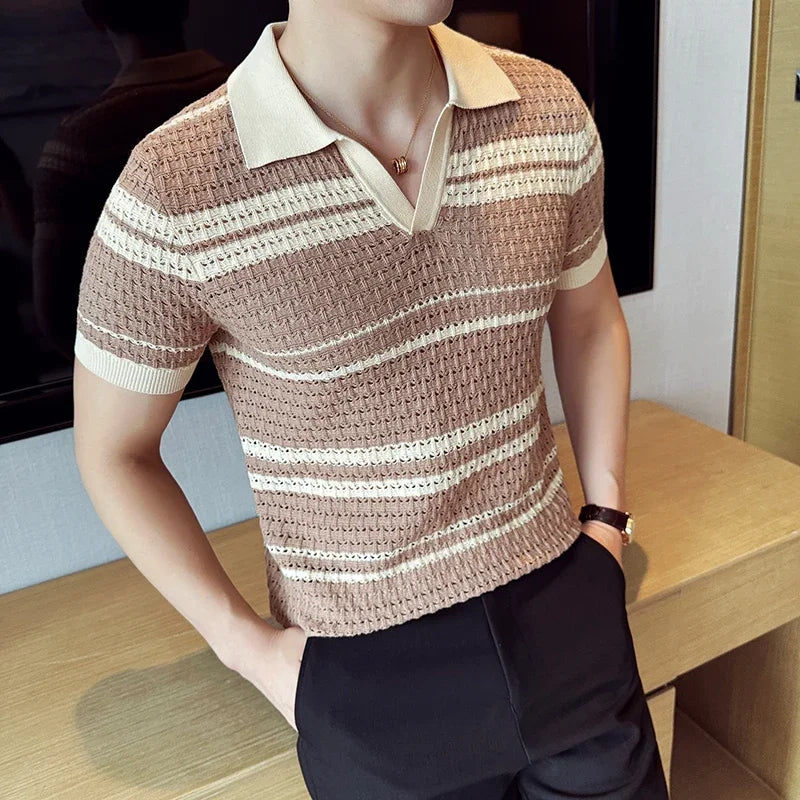 Men's Thin Striped Knitted V-Neck T-Shirt – Stylish Breathable Men's Knit Top