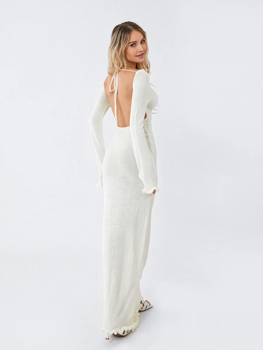 Women's Knitted Backless Bodycon Dress with Ruffle Trim