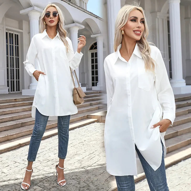 Women's Oversized Long Button-Up Shirt with Pockets - Stylish Blouses & Casual Wear