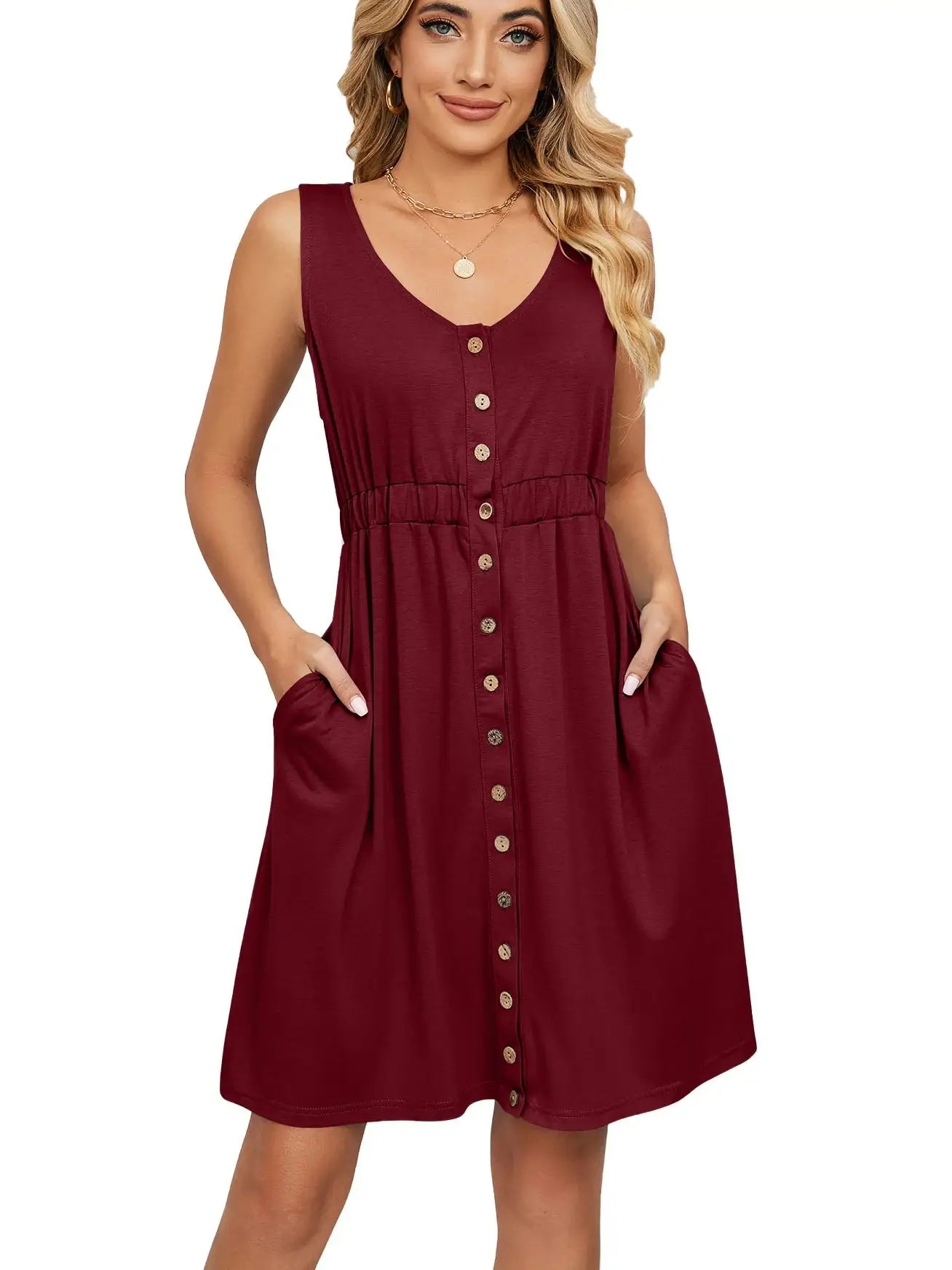 Women’s Sleeveless Button-Down Dress with Elastic Waist – Swing Style, Loose Fit