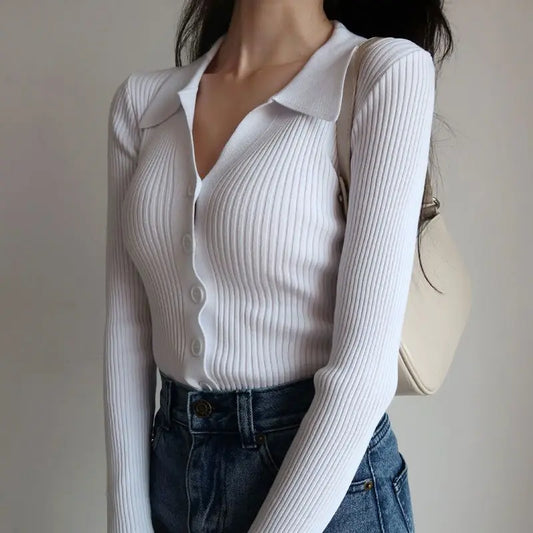Women's Turn-Down Collar Knit Sweater with V-Neck, Slim Fit, Button-Down Design