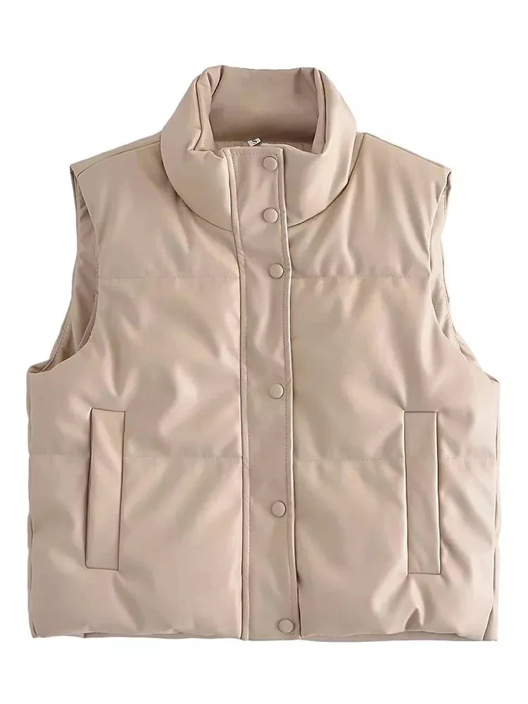 Beige vest with button details on a white background