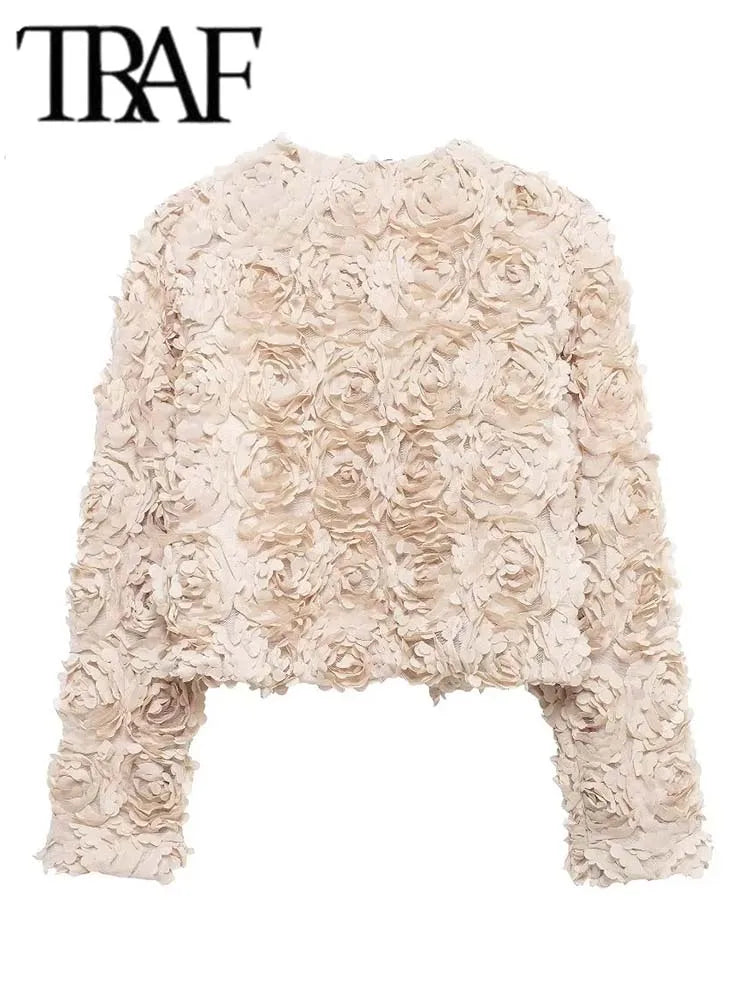 TRAF Women's Short Casual Textured Floral Jacket