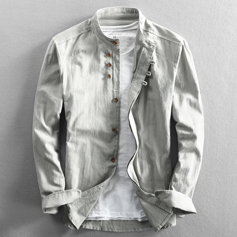 Men's Slim Fit Linen Cotton Shirt with Stand Collar