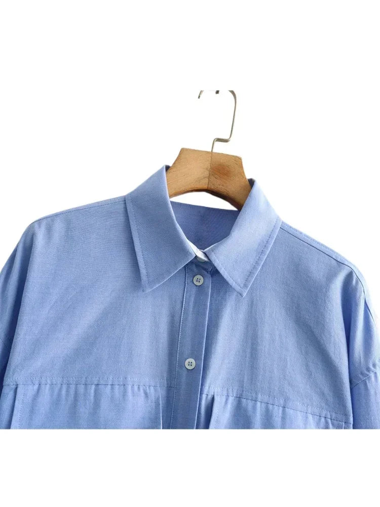 Women's Crop Blouse Shirt with Lapel, Long Sleeves, and Pocket