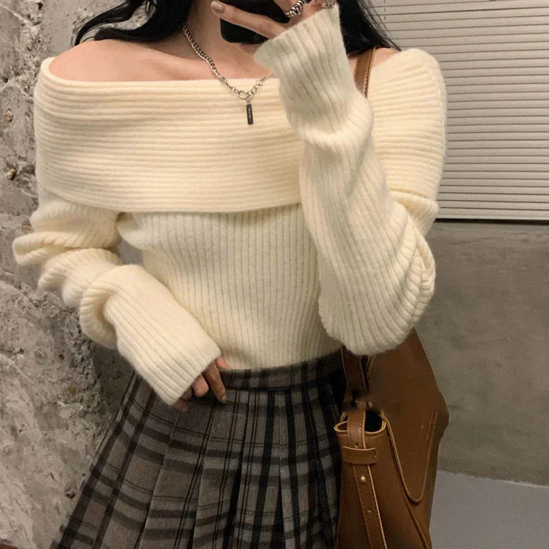 Women's Slash Neck Knitted Sweater - Off-Shoulder Long Sleeve, Thick & Slim Fit Pullover
