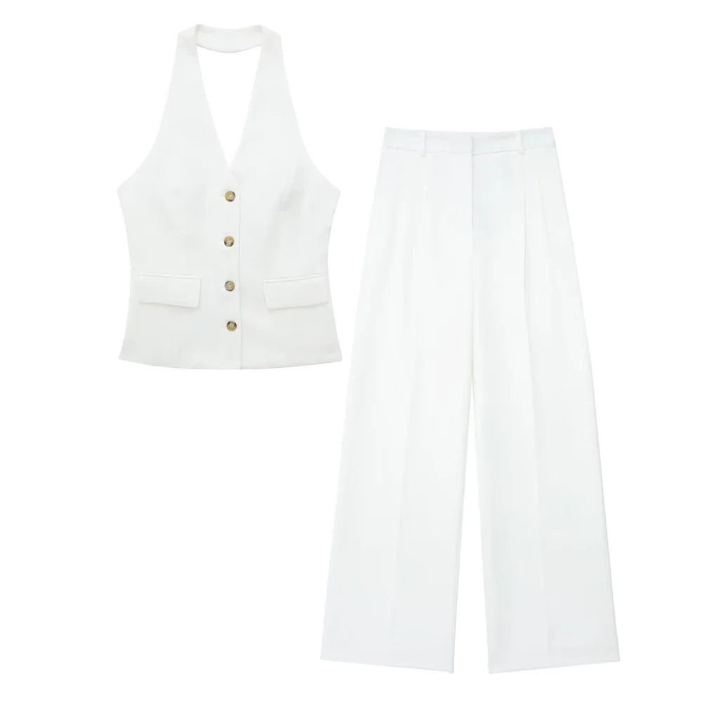 Women's Halter Neck Sleeveless Vest Top & Wide-Leg Pants 2-Piece Set