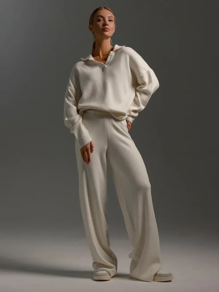 Women's Thick Knitted 2 Piece Set: Soft Polo Neck Sweater & Wide Leg Pants