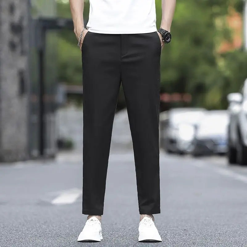 Men's Ankle-Length Straight Fit Pants – Slim Fit Thin Trousers for Men