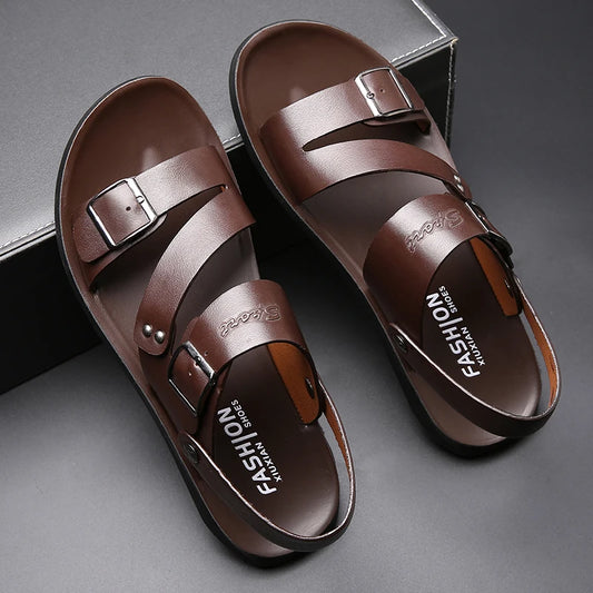 Men's Casual Faux Leather Sandals - Non-Slip, Breathable Roman Slippers