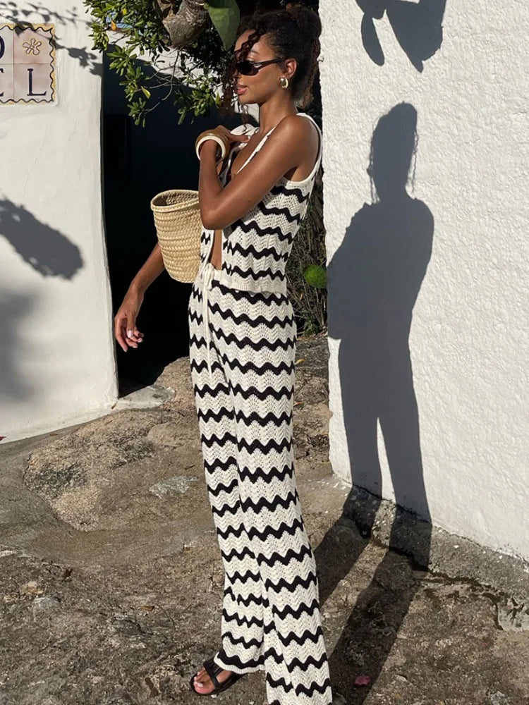 Chic Women's Knit Pants and Lace Vest Top Set - Striped Streetwear Outfit