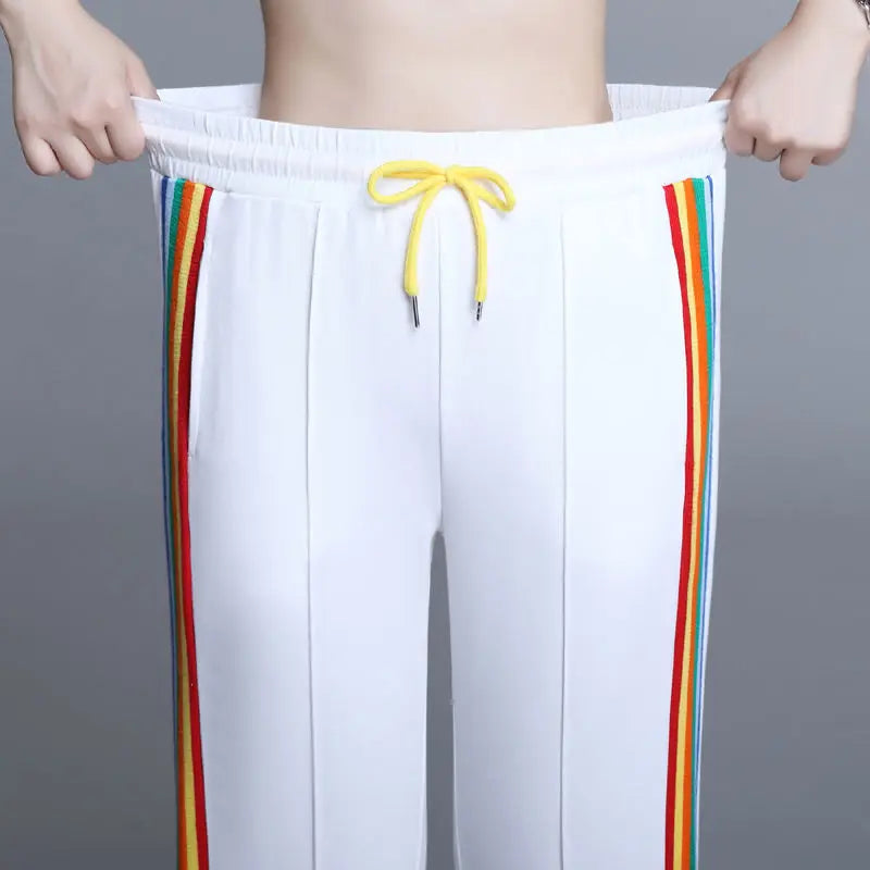 Women’s High Waist Striped Rainbow Sweatpants - Elastic Lace-Up Loose Straight Leg