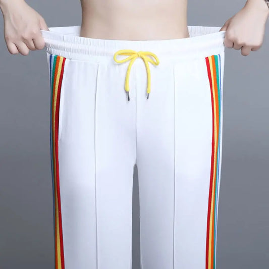 Women’s High Waist Striped Rainbow Sweatpants - Elastic Lace-Up Loose Straight Leg