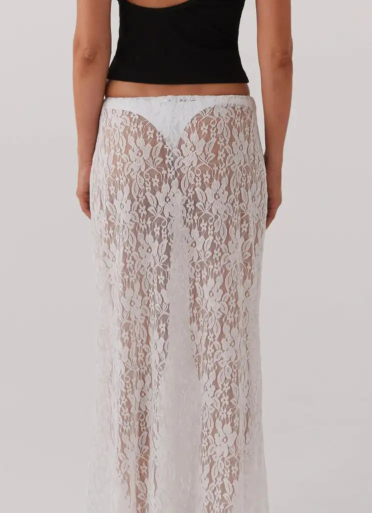 Elegant White Floral Lace Skirt for Women – Sheer See-Through, Low-Waist Design