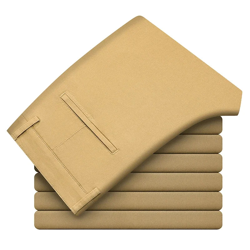 Men's Casual Slim Straight Trousers - 97% Cotton Comfortable Elastic Pants