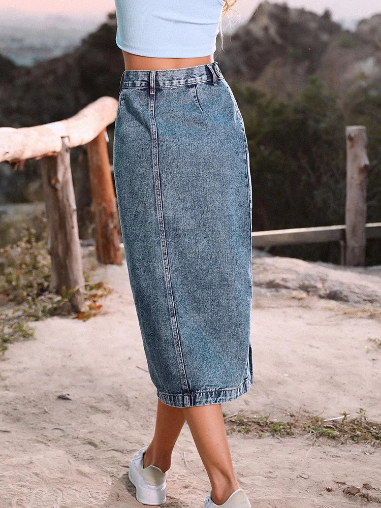 Elegant Women's Denim Skirt - High Waist Button Skirt with Side Split