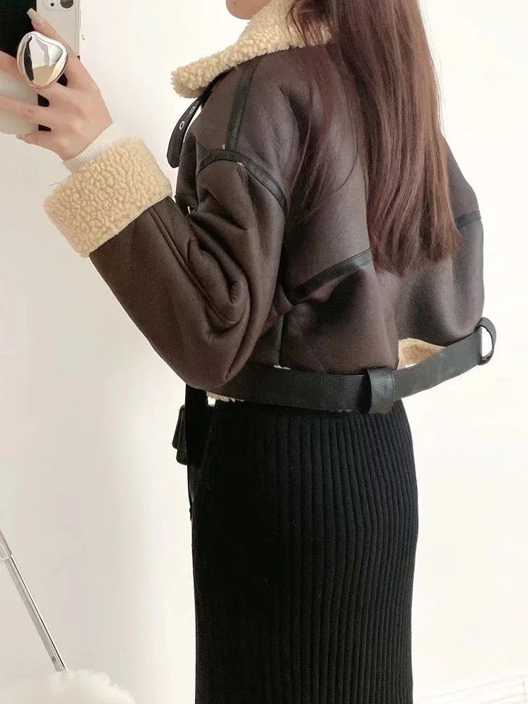 Women's Faux Leather Fur Short Jacket with Belt