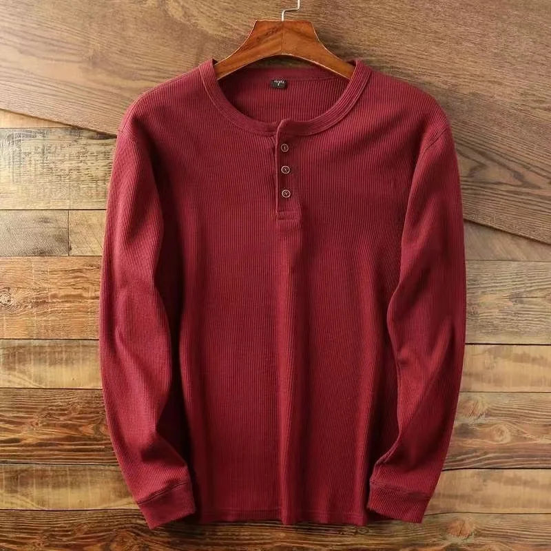 Slim Fit Men's Henley Long Sleeve Shirt – Breathable Cotton, Half Button Design