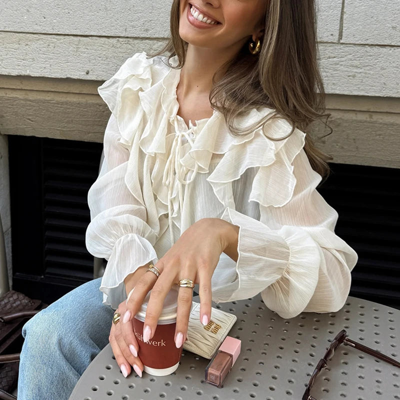 Women's Lace-Up Ruffled V-Neck Long Sleeve Sheer Blouse
