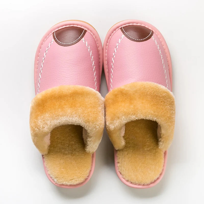 Unisex Waterproof Faux Leather Fluffy Casual Slippers - Various Colors