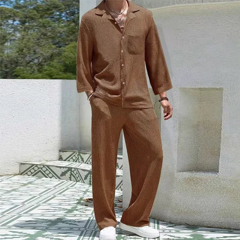 Men's Casual Cotton 2-Piece Set: Stylish Shirts and Pants Combo