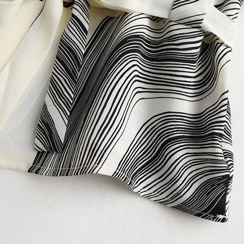 Vintage Chiffon Blouse for Women - Striped, Short Sleeve, Lace-Up