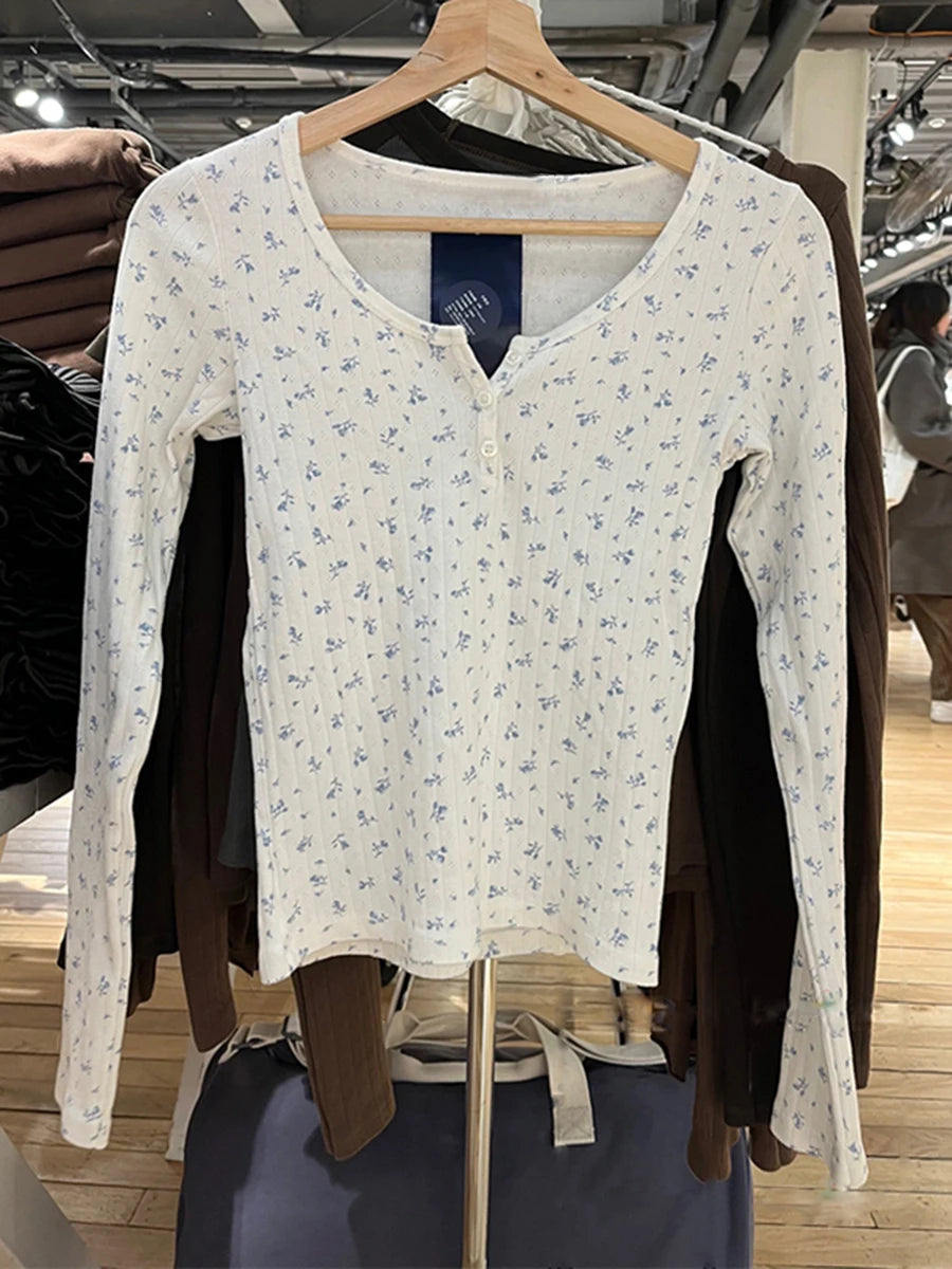 Women's Hollow Out Long Sleeve Round Neck Button-Up Slim Fit Cotton Sweater