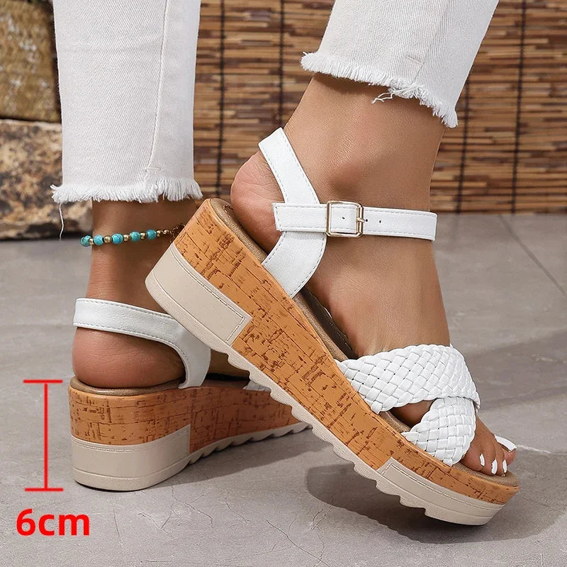 Stylish Woven Ankle Strap Wedge Sandals for Women – Braided Platform Heels with Thick Sole