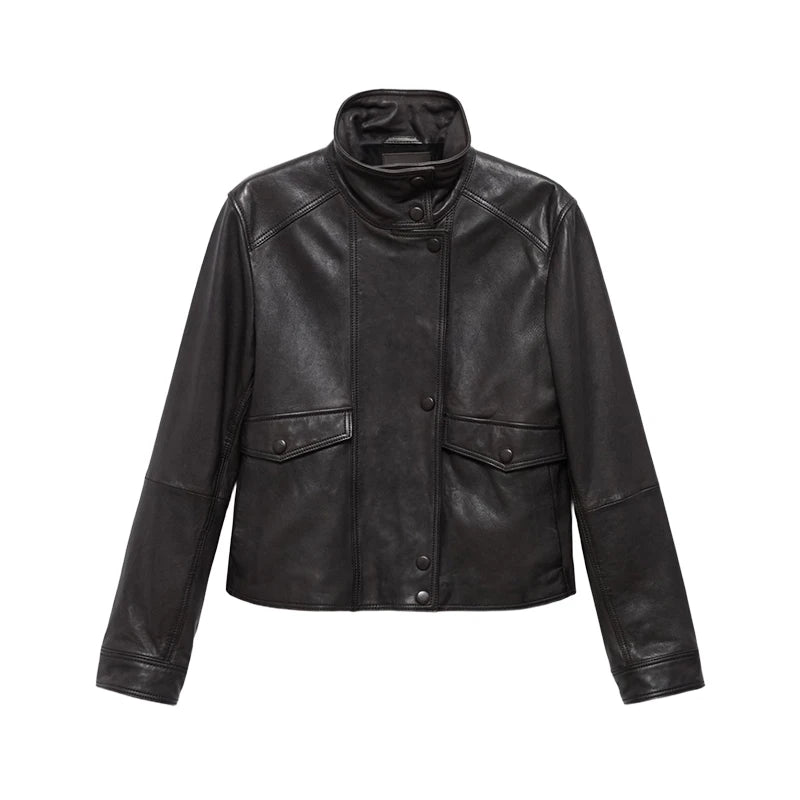 Women's Stand Collar Faux Leather Jacket with Double Button Closure