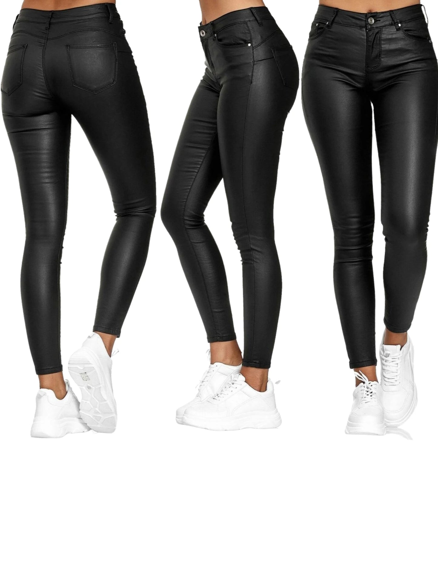 Women's Faux Leather Skinny pants - High Waist Push-Up Design with Pockets