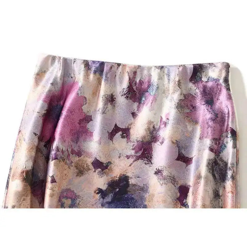 Women's High-Waisted Floral Print Satin-Like Long Skirt
