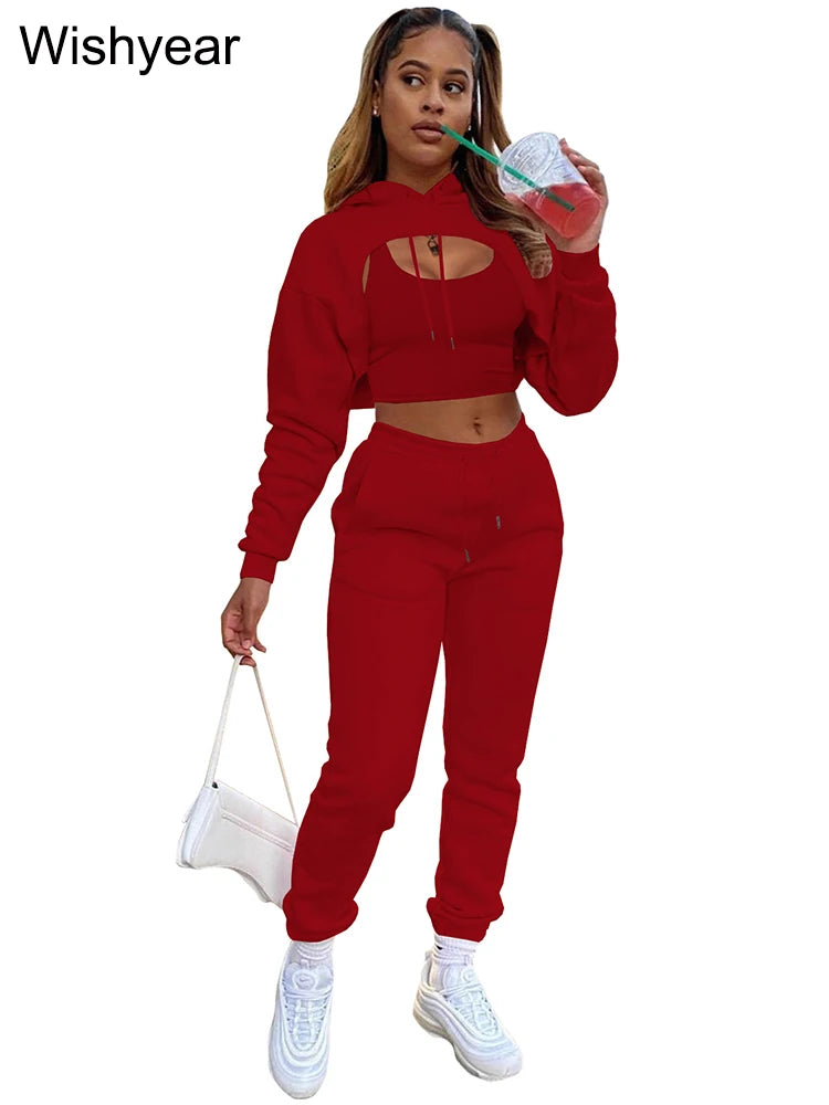 Wisyear Women's 3-Piece Velvet Tracksuit Set - Crop Hoodie, Vest, and Sweatpants Matching Outfit