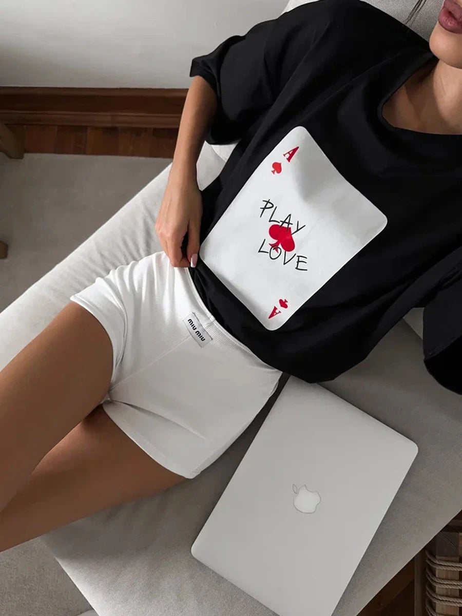 Women's Cotton Poker Card Print T-Shirt - Loose Fit, Casual Short Sleeve Tee for Women
