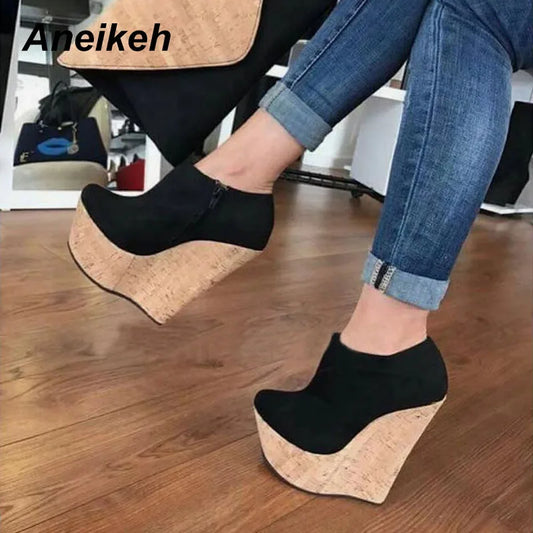 Women's Faux Suede Zippered Round Toe Platform Wedge Ankle Heels