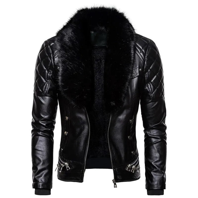Men's Removable Collar Slim Fit Warm Faux Leather Jacket