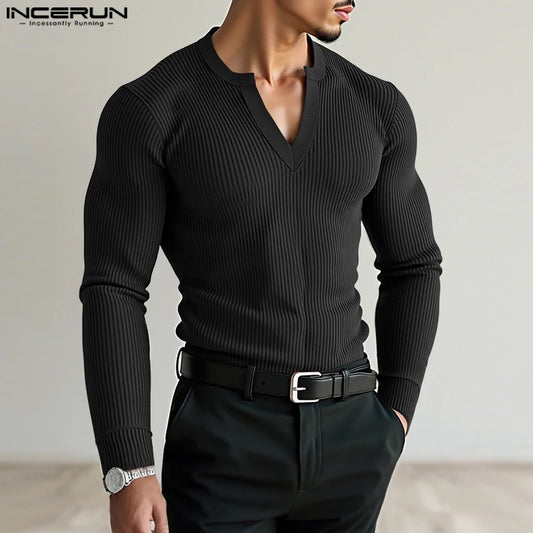 Incerun Men’s V-Neck Long Sleeve Knit Sweater – Stylish Warmth, Casual & Classic Fit