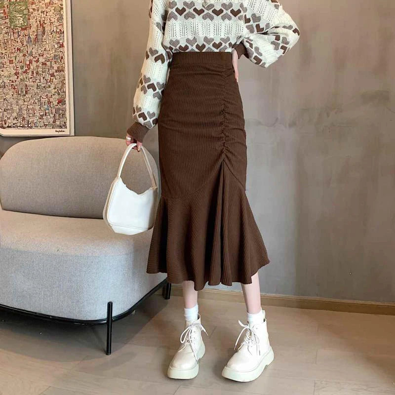 Women's Slim Fit High Waist Midi Skirt with Ruffles