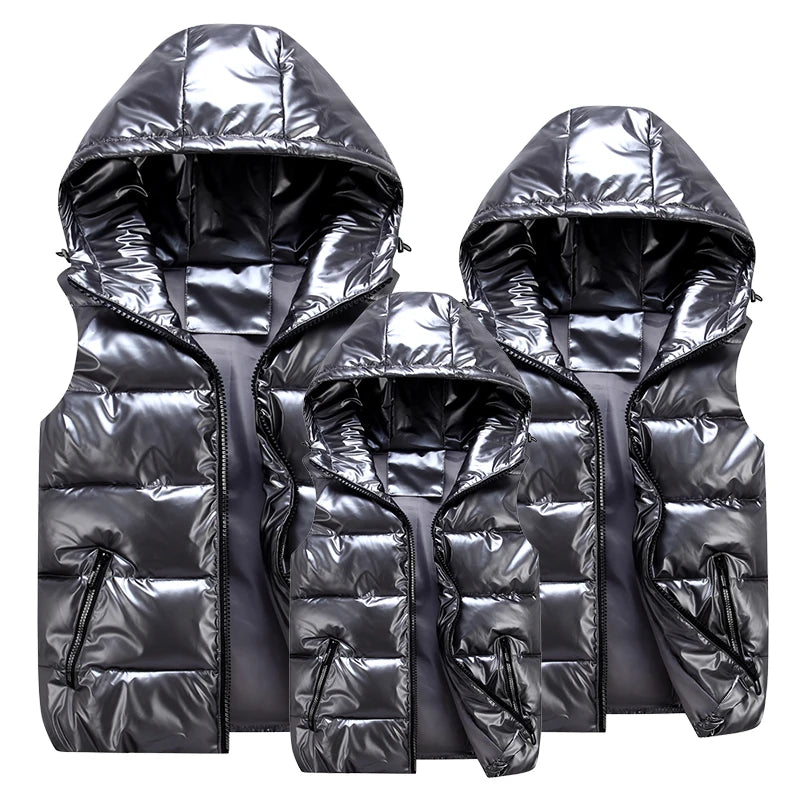 Men's Glossy Hooded Vest Jacket with Zipper Pockets - Classic Fit