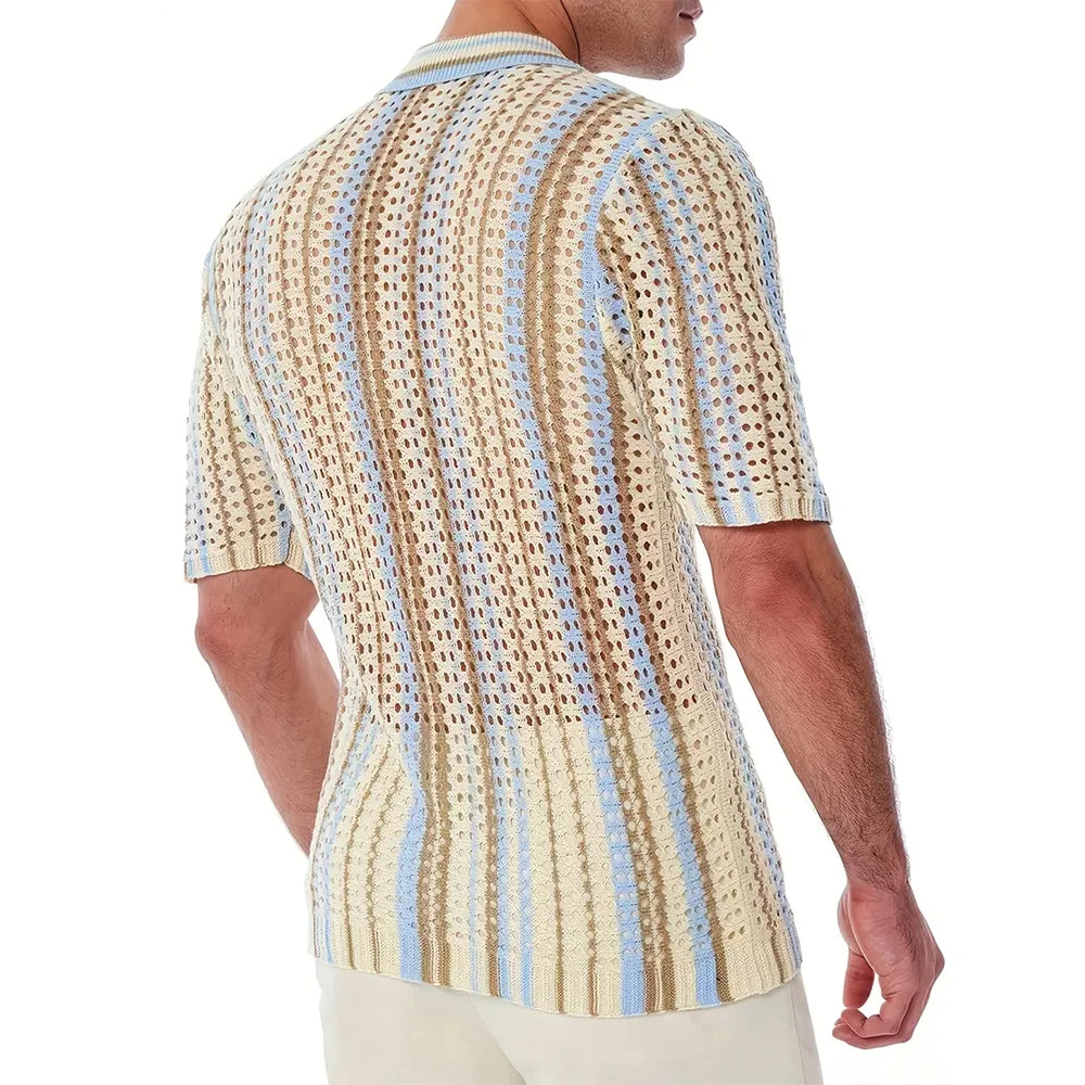 Men's Short Sleeve Mesh Lapel Shirt - Breathable & Stylish Men's Casual Top
