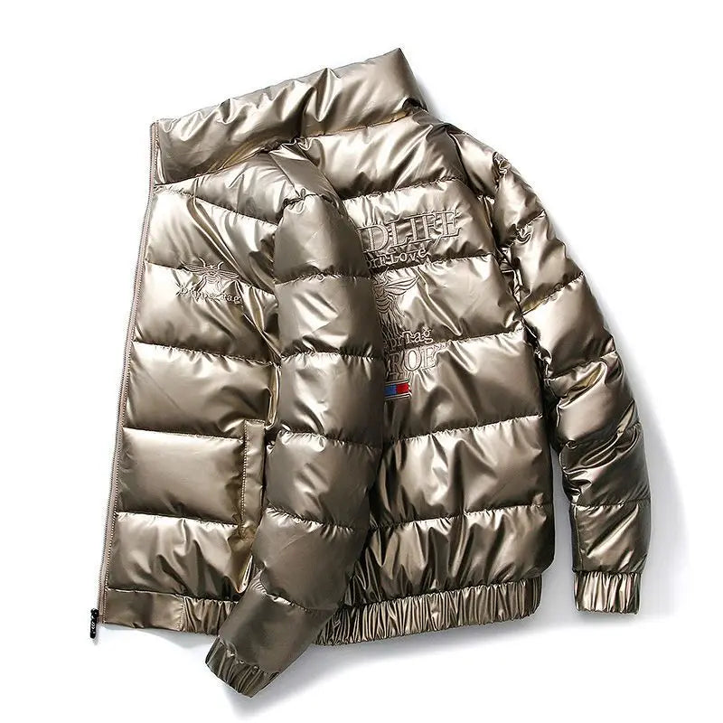 Men's Glossy Thickened Parka Jacket with Stand Collar