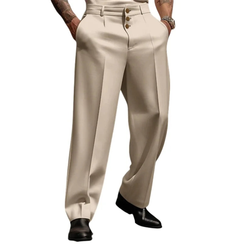Men's Mid-Waist Loose Fit Straight Leg Trousers with Button Closure