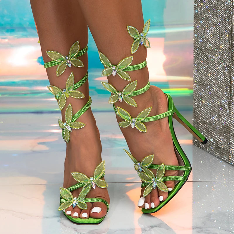 Women's High Heel Sandals with Crystal Butterfly Ankle Strap