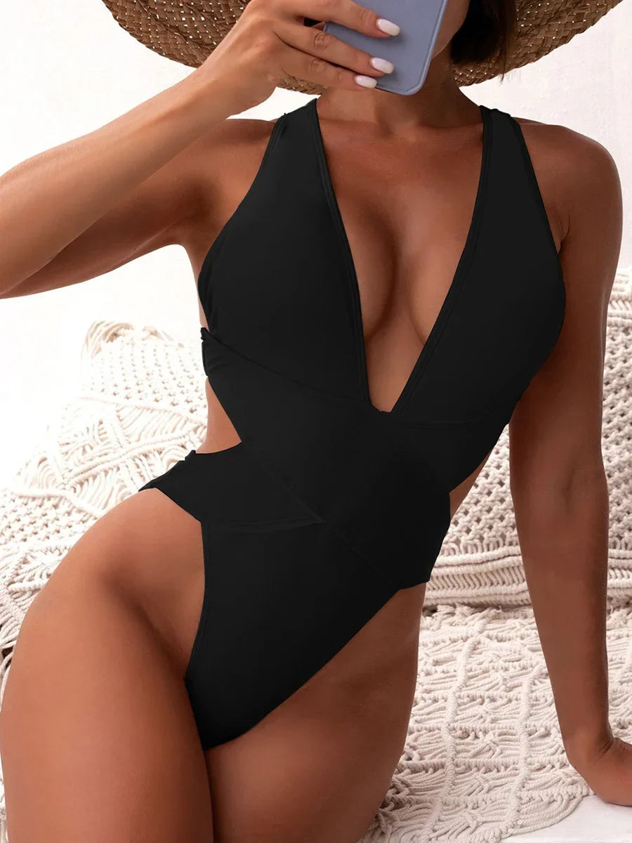 Women's Deep V Neck Cross Backless One-Piece Swimsuit - High Cut, Stylish & Flattering Swimwear
