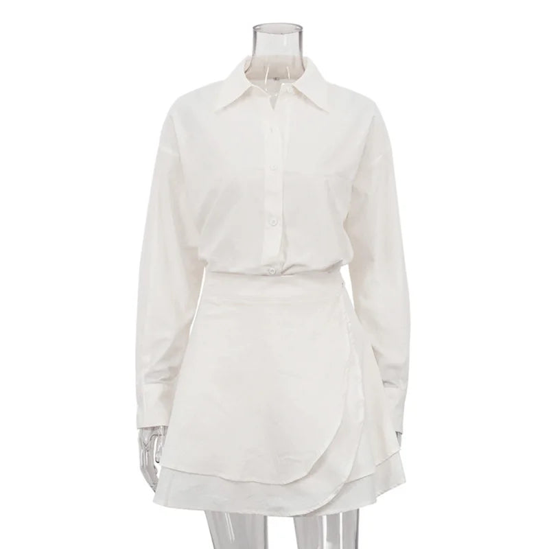 Elegant Women's Two-Piece Set – Long Sleeve Button Shirt & High-Waisted Lace-Up Mini Skirt