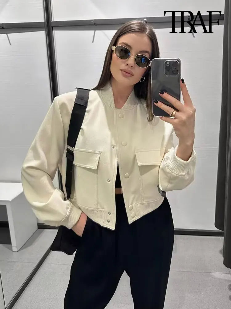 TRAF Long Sleeve Women's Front Button Jacket with Vintage Style and Pockets