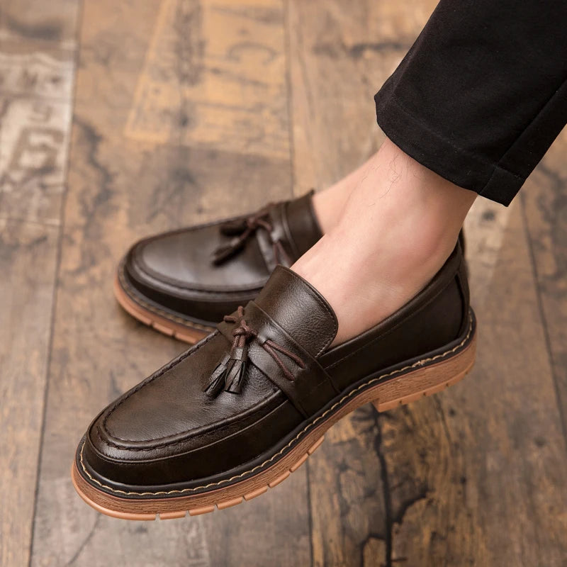Men's Thick-Sole Leather Slip-On Loafers – Stylish & Comfortable Dress Shoes for Men