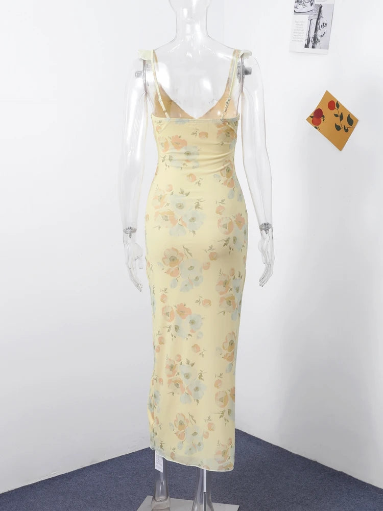 Flower Print Women's Backless Slim Fit Low-Cut Dress