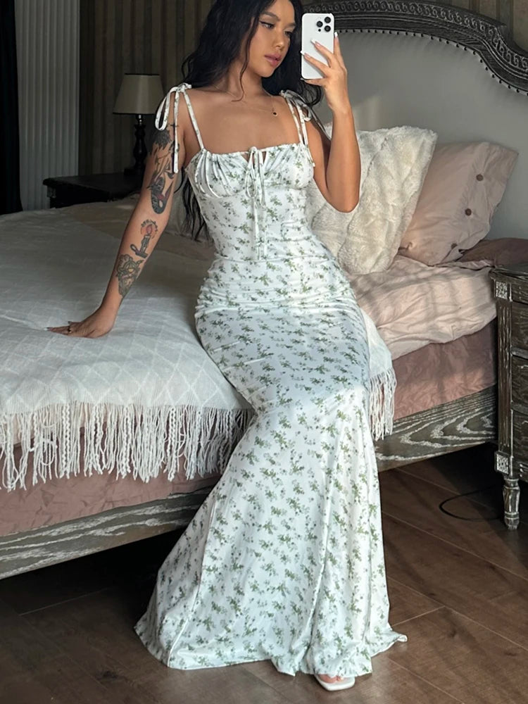 Hugcitar Elegant Floral Print Spaghetti Strap Sheath Dress for Women