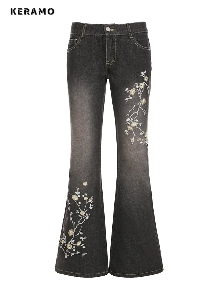 Keramo Women's Plant Embroidery Flare Jeans - Vintage Denim Trousers for Women