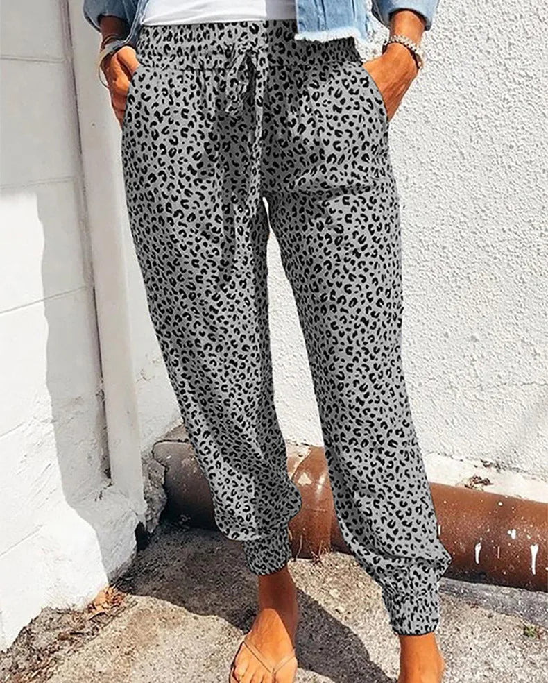 Women's Casual Lace-Up Pants in Loose Fit with Leopard Print - Various Colors